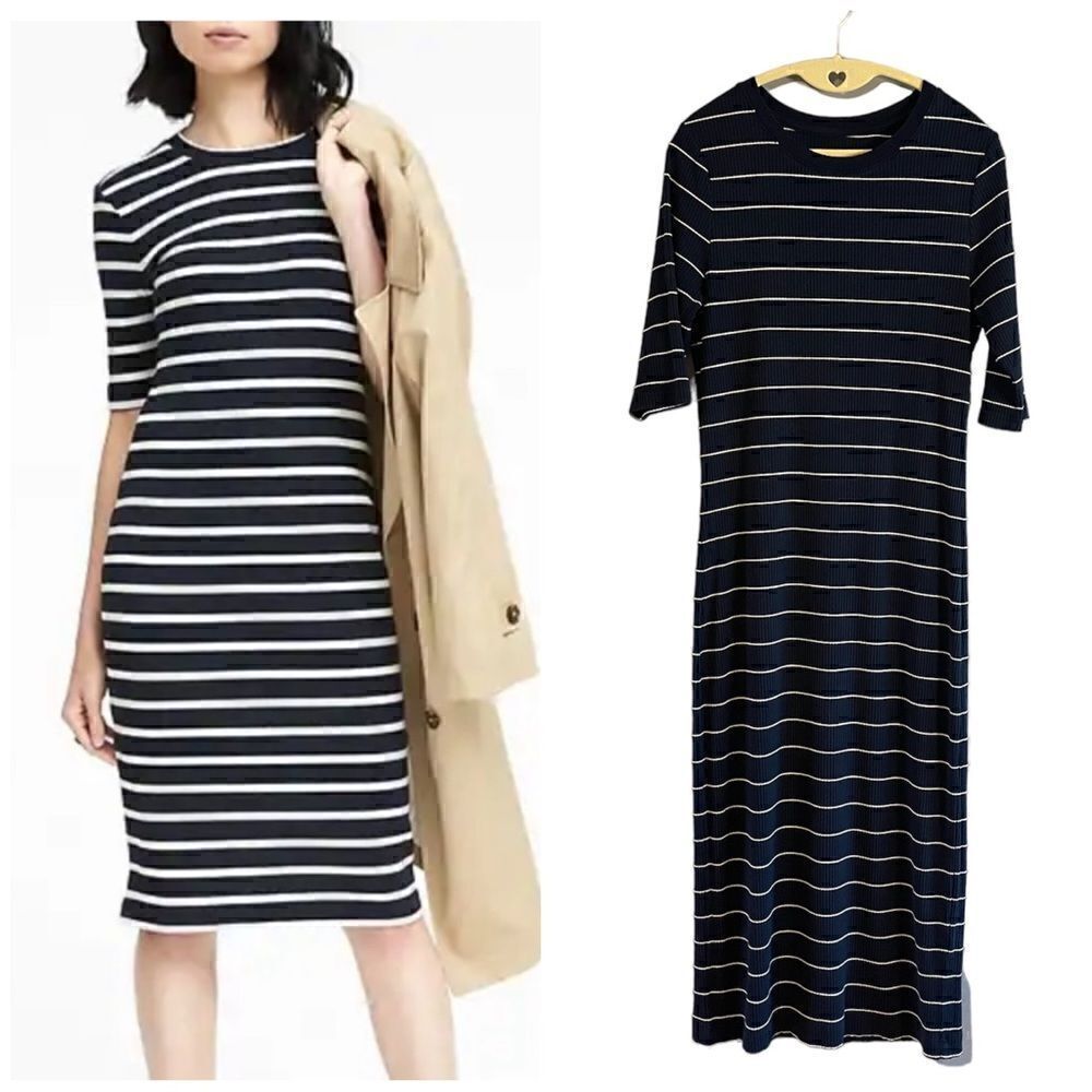 Banana Republic Navy & White Striped Ribbed Knit Dress | SZ S